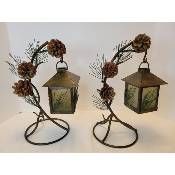 Rustic Pinecones Metal Pine Needles Lantern Tea Light Candle Holders Cabin Decor - Picture 1 of 14